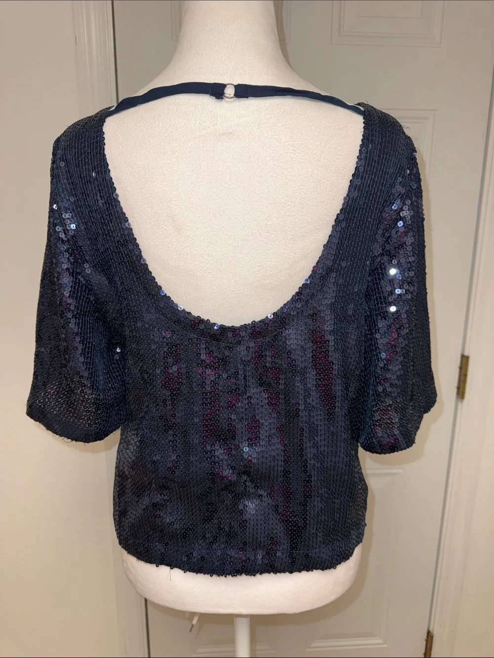 Free People Sequined Navy Scoop Neck Short Sleeve Top size S/P